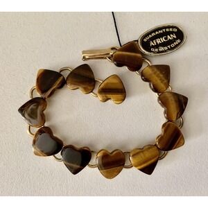 Vintage Genuine African Tiger Eye Gold Tone Charm Bracelet 7.5"